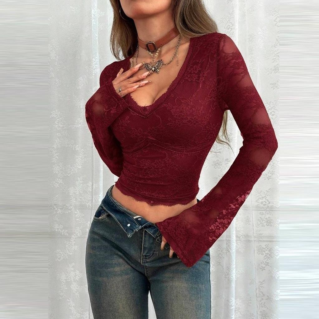 Women Lady Long Sleeve Lace Stitching Blouse Tunics Tops Shirts