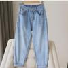 Женские эластичные джинсы с высокой талией и свободным кроем - новый стиль 2025 года, длина Nine-Point, большой размер, шаровары
