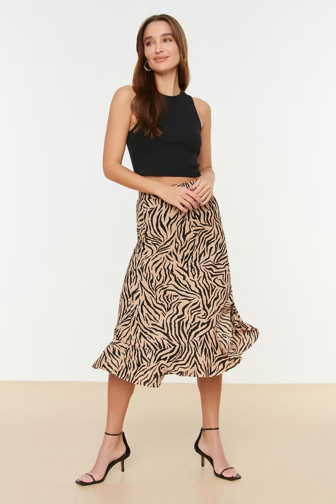 Women's Fashion Purple Printed High Waist Midi Stretchy Knitted Skirt with Gather Detail and Flounce