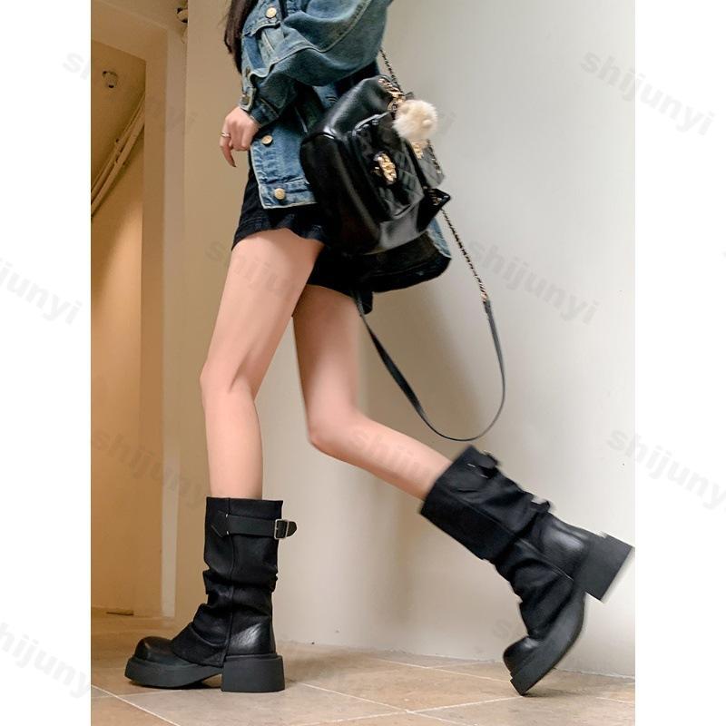 Мода 2024 Новая Ретро Мода Универсальные Коричневые Сапоги До Середины Икры в Стиле Вестерн Ковбойские Круглый Носок Квадратный Высокий Каблук Панк Стиль Женские Сапоги-Брюки