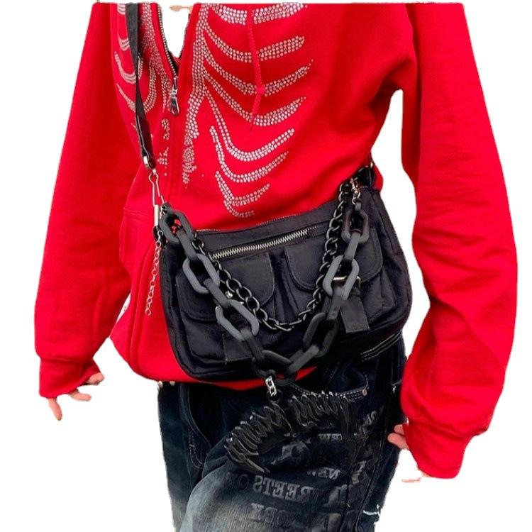 Autumn and Winter Zipper Gothic Black Hoodie Women's Rhinestone Skull Casual Oversized Sweater Punk Harajuku Longsleeved Jacket Women's Jacket Sweater