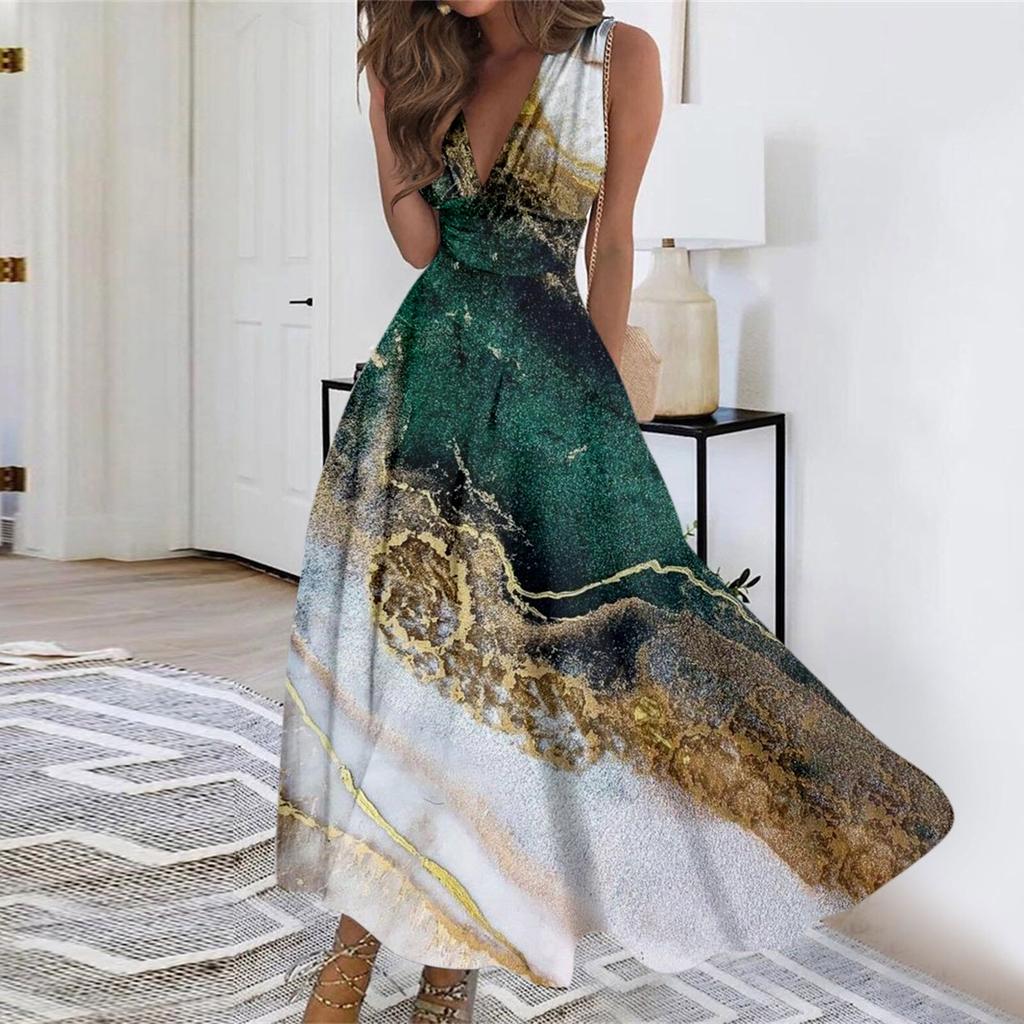 Женское длинное платье Платье макси Повседневное платье Летнее повседневное платье без рукавов с v-образным вырезом в стиле бохо с талией и принтом