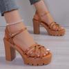 Summer Solid Color Open Toe Women's Sandals Casual Large Size Thick Heel One-line Buckle Strap Roman Women's High Heel Sandals