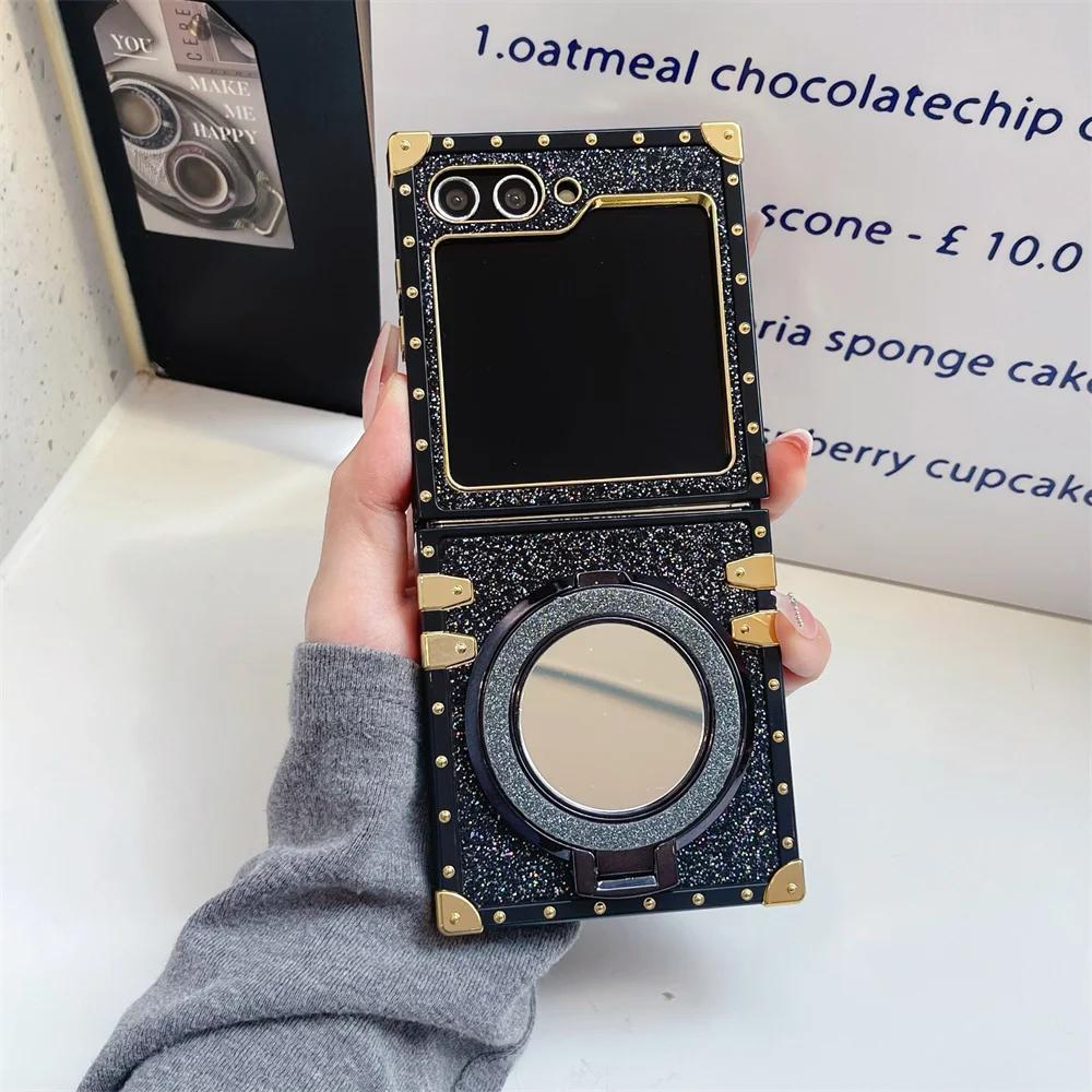 Блестящий милый девчачий чехол для телефона с зеркалом и магнитной подставкой-держателем для Samsung Galaxy Z Flip 6 5 4 3 5G, задняя крышка