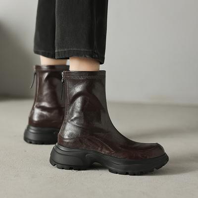 Британский стиль круглый носок светлые волосы кожа короткие ботинки женские 2025 осень и зима новые универсальные задняя молния овчина ботинки Мартин