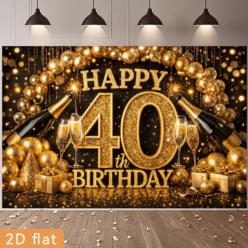 2D 40th Birthday Party Backdrop, Black & Gold Theme with Champagne Bottles for Party Decor