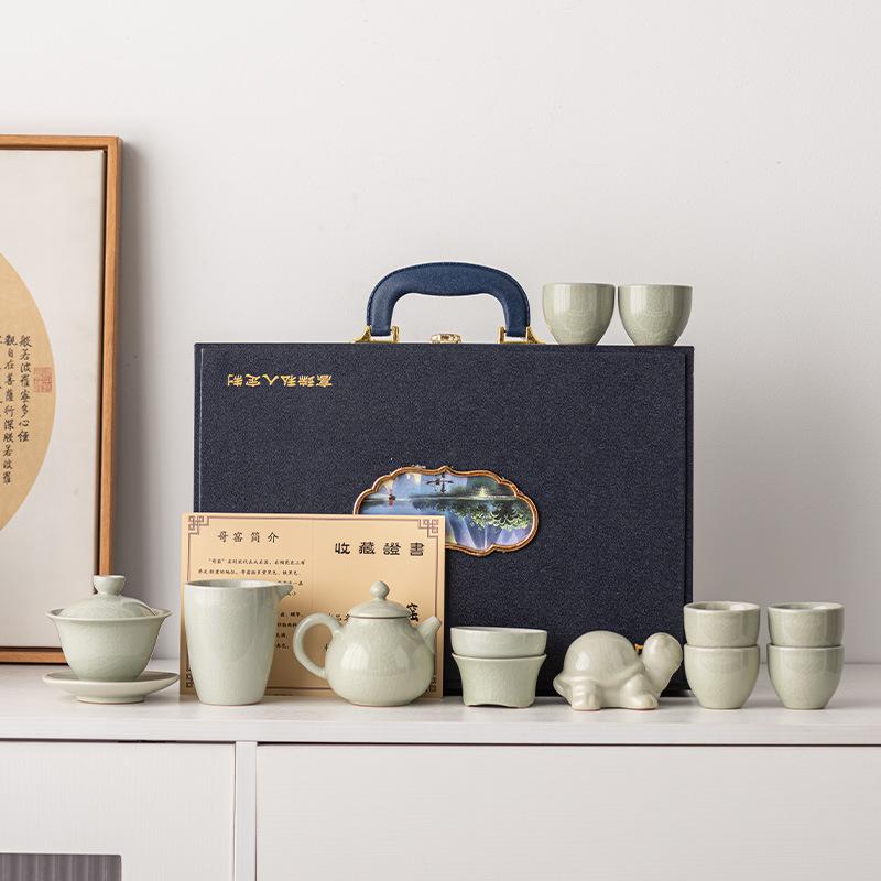 Ru kiln topaz tea set, open film can be raised, light luxury cover bowl pot, boutique gift box, intangible cultural heritage, high-end gifts