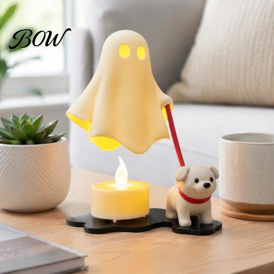 Cute Puppy Night Light Halloween Ghost Walking Dog Figurine, Spooky Statue with Whimsical Room Accessories LED Candle, 3D Printed Tabletop Ornament