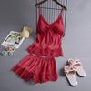 Women's Satin Pajamas Set Lace And Shorts Two Cami Top Piece Sleepwear with Built-in Bra Sexy