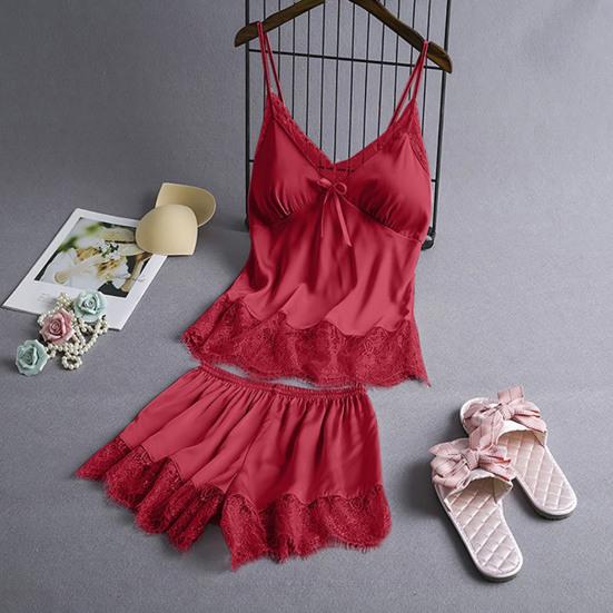 Women's Satin Pajamas Set Lace And Shorts Two Cami Top Piece Sleepwear with Built-in Bra Sexy