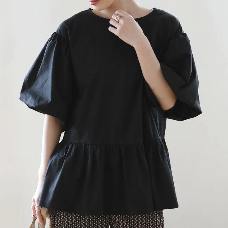 Summer Crew Neck Cotton Shirt Women's Balloon Sleeve Design Sense Niche Shirt