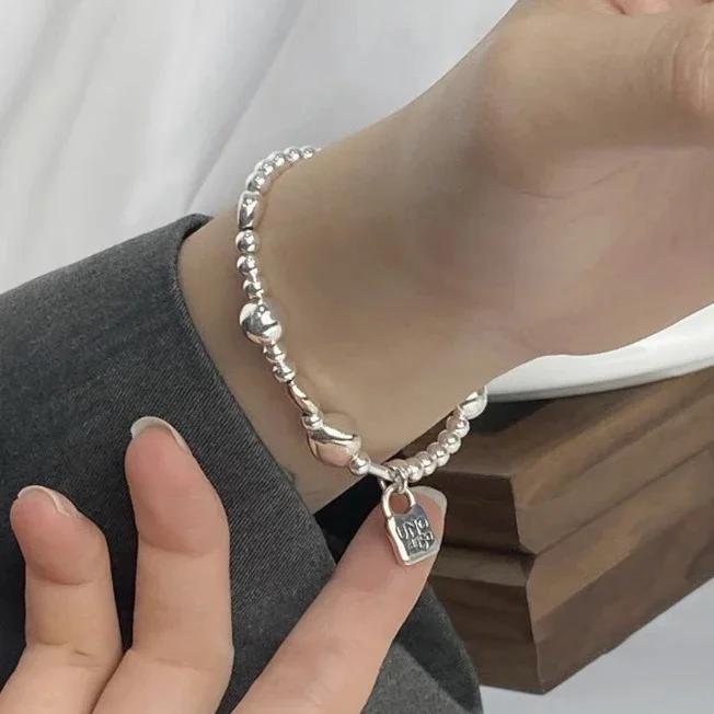 PONYKISS Браслеты с подвесками из стерлингового серебра: квадратный кулон, круглый шарик-шарм. Для женщин. Минималистичные, модные, изящные аксессуары