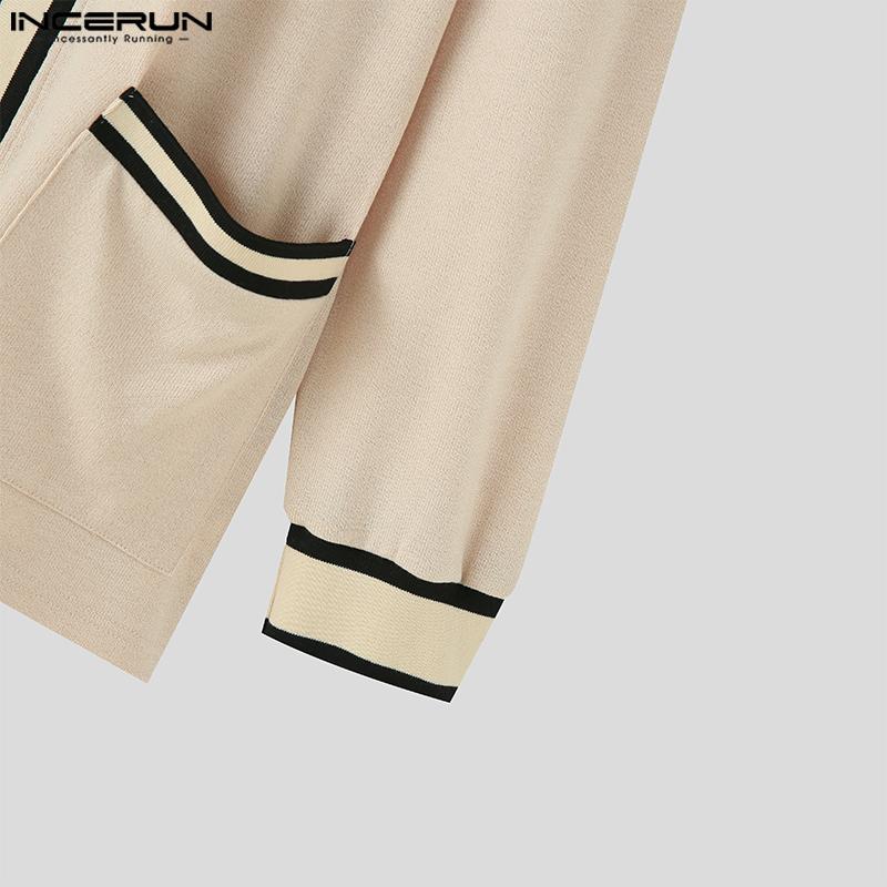 INCERUN Негабаритный мужской вязаный повседневный кардиган в стиле преппи с длинными рукавами