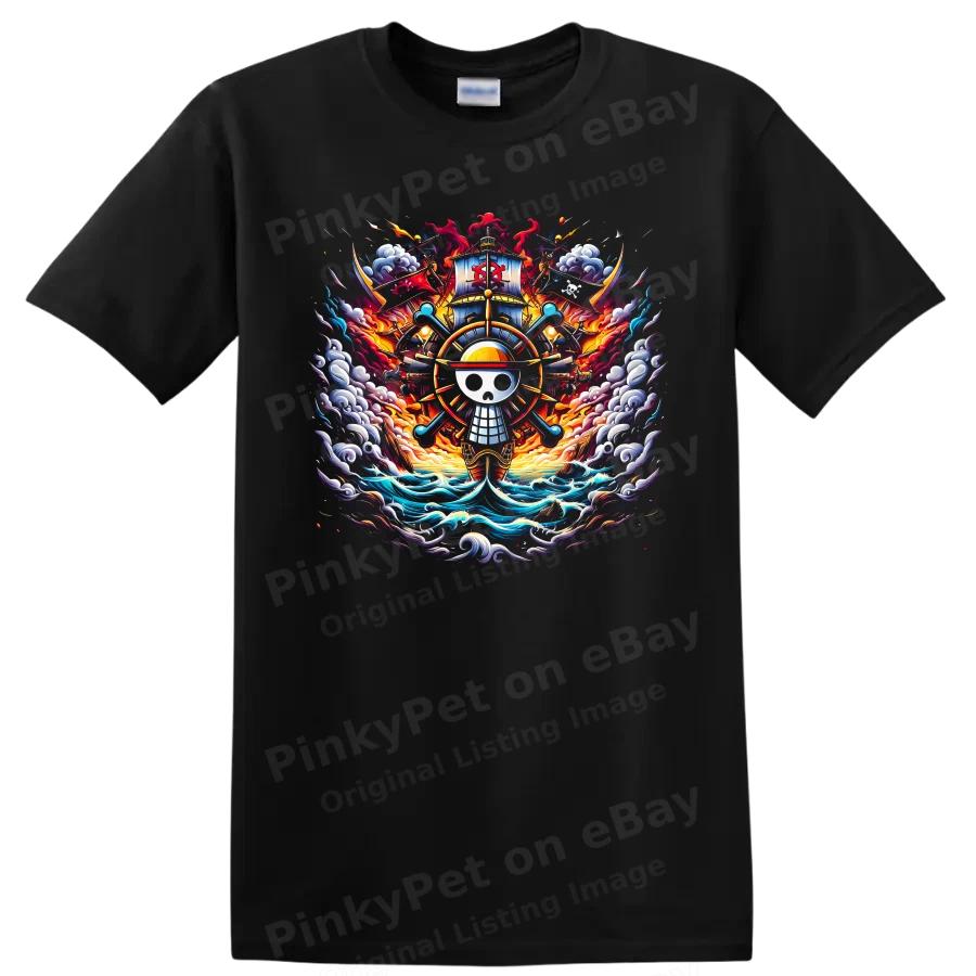 Anime Pirate Skull Ship T Shirt w/ Ocean Waves Fire Graphic Art Adventure Tee
