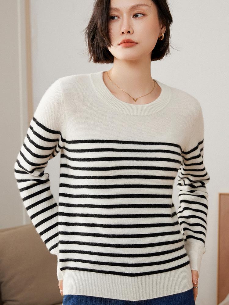2025 Autumn/Winter Women's Color Block Stripe Cashmere Pullover Sweater - Round Neck, Long Sleeve Knitwear