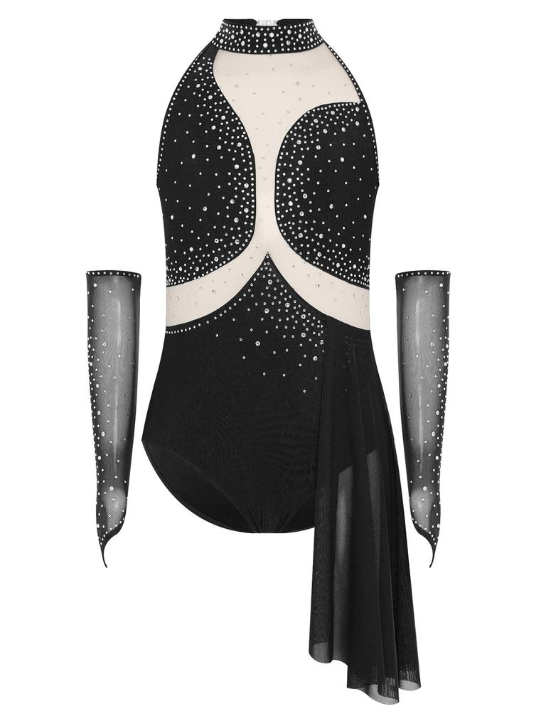 Костюм для фигурного катания для девочек с вырезом на спине, сверкающими стразами и асимметричной юбкой из прозрачной сетки