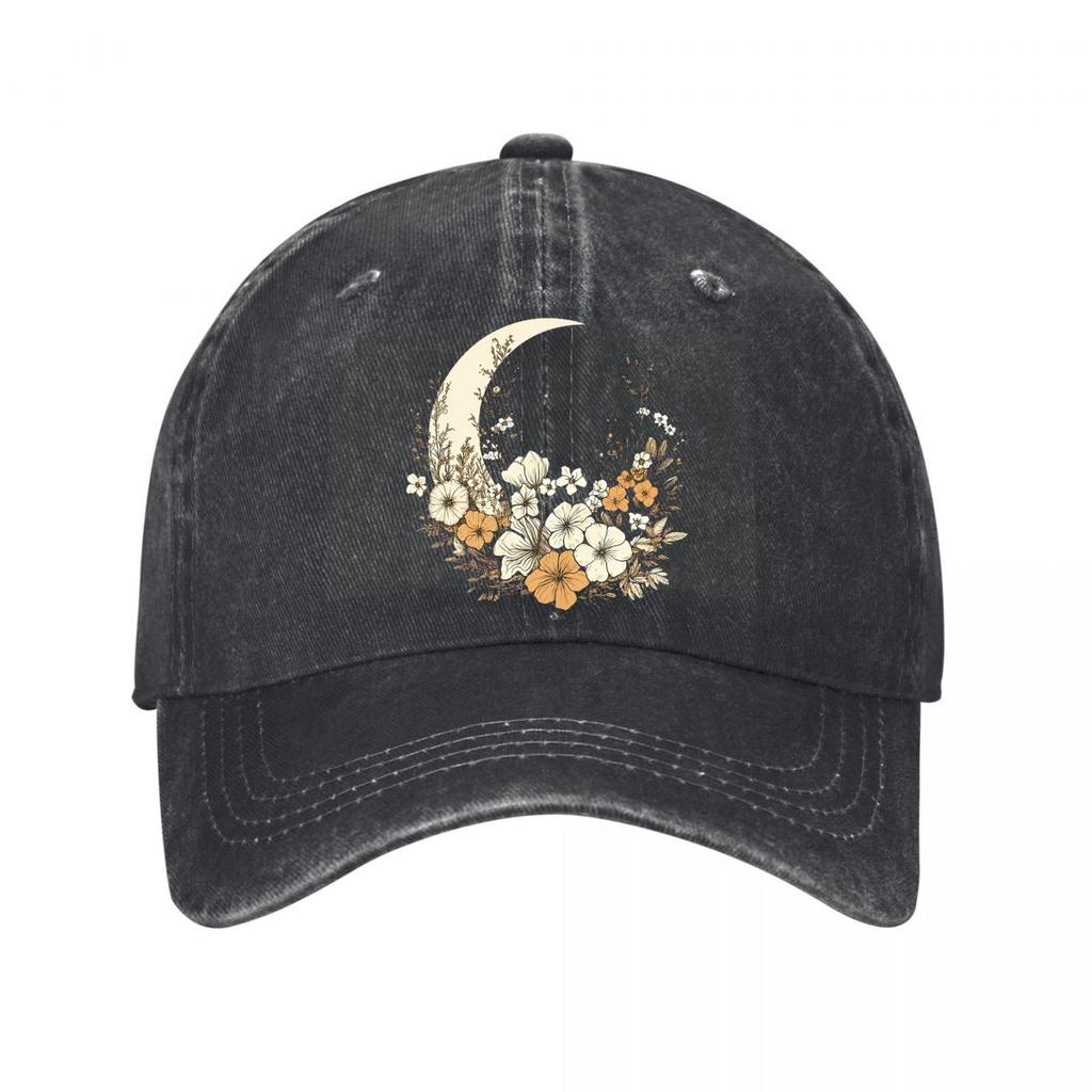Vintage Floral Moon Canvas Wall Art Washed Baseball Cap Outdoor For Womens Unisex FeUnisex