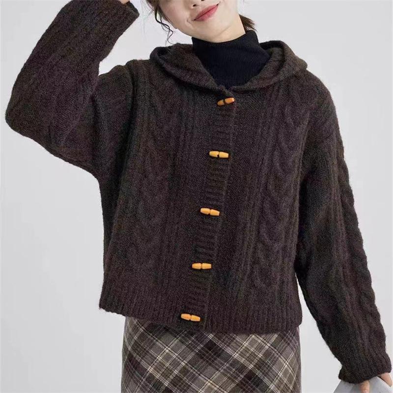 Twist Casual Top Hooded Jacket Sweater Womens Autumn Winter Knitwear Cable Long Sleeve Cardigan Loose