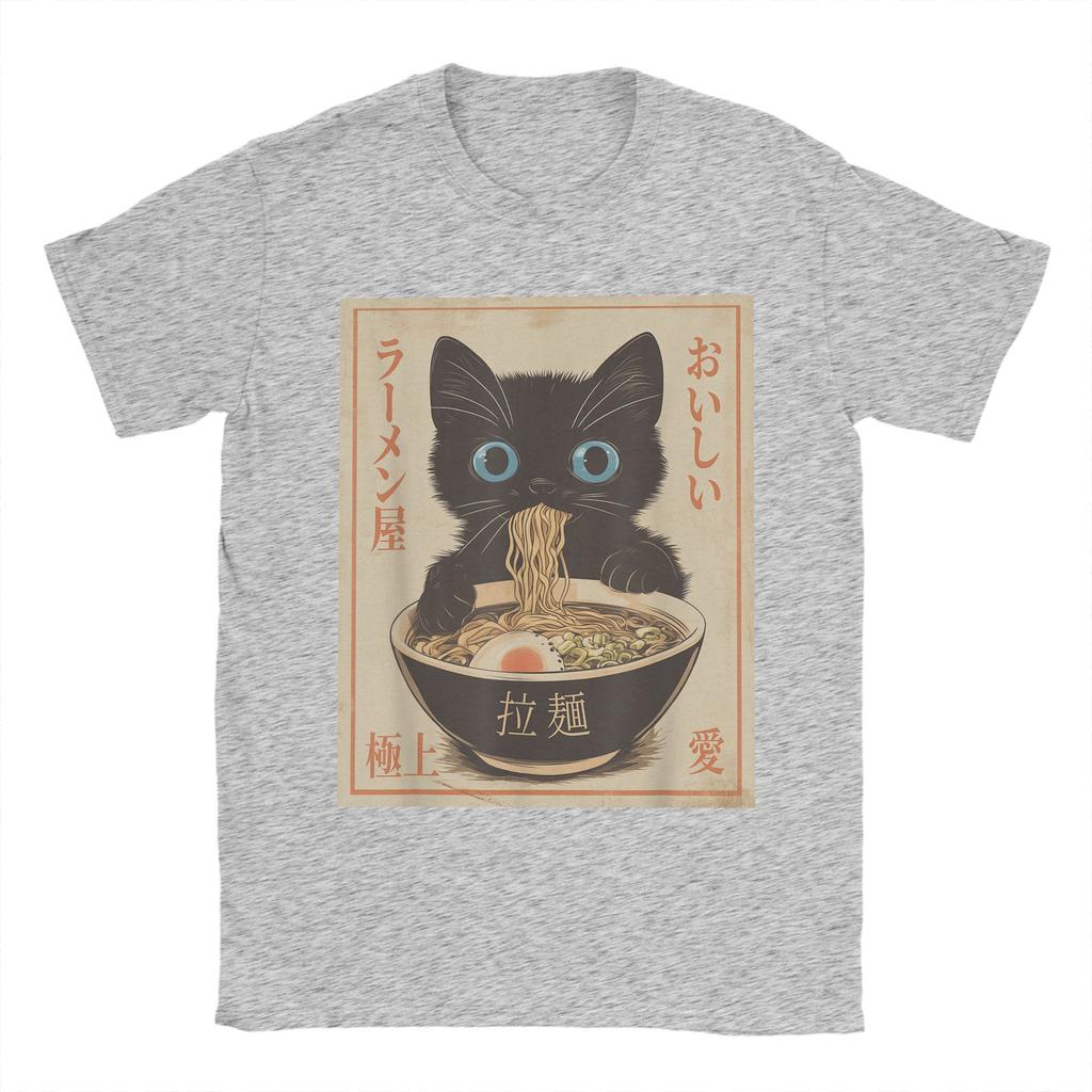 Мужские футболки с раменом и японским черным котом, кавайные футболки из чистого хлопка в винтажном стиле, с круглым вырезом и коротким рукавом, идея для подарка, топы