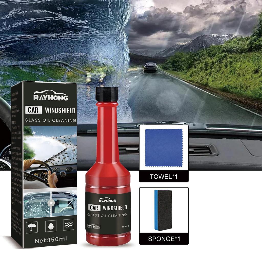 RAYHONG Windshield Cleaner 150ml,Powerful Stain Removal & Anti-Rain/Fog Formula, Free Sponge Included for Worry-Free Driving