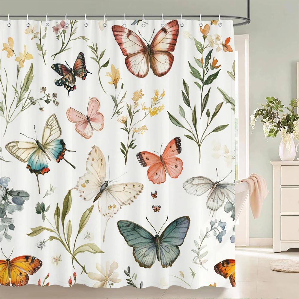 Watercolor Flowers, Leaves And Butterflies Shower Curtain Floral Printed Bathroom Bath Curtain Home Decor Curtain With Hooks