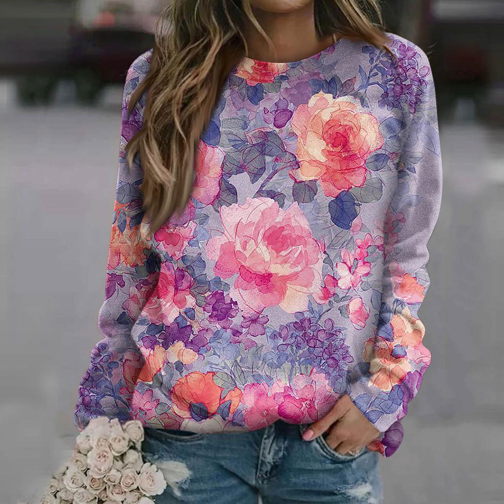 Женская повседневная модная блузка с длинным рукавом и круглым вырезом с принтом и пуловером