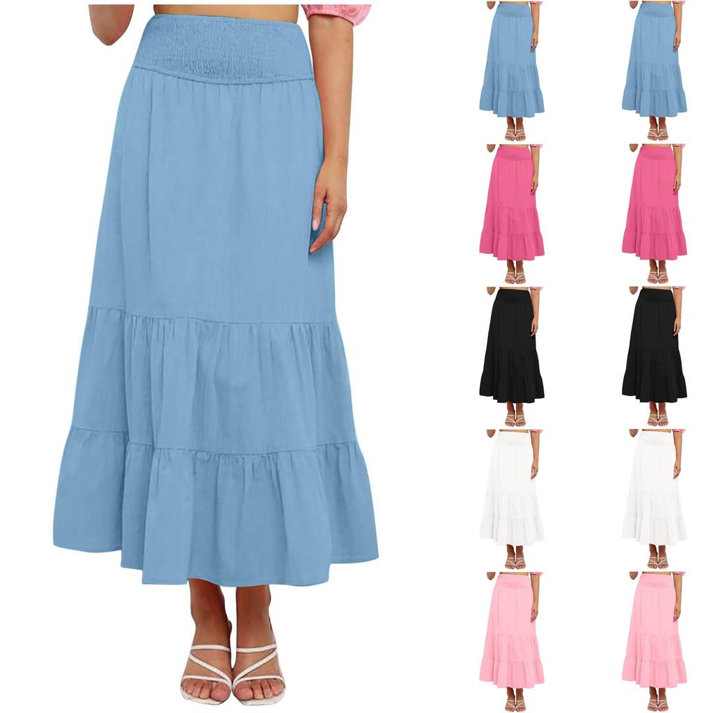 Women's Summer Bohemian Maxi Dress Elastic High Waist Pleated Ruffle Layered Culottes Casual Fashion Solid Color Flowy Skirt