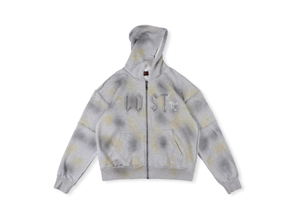 Худи на молнии с принтом черепа и стразами, американский уличный стиль, 24FW, с большим логотипом