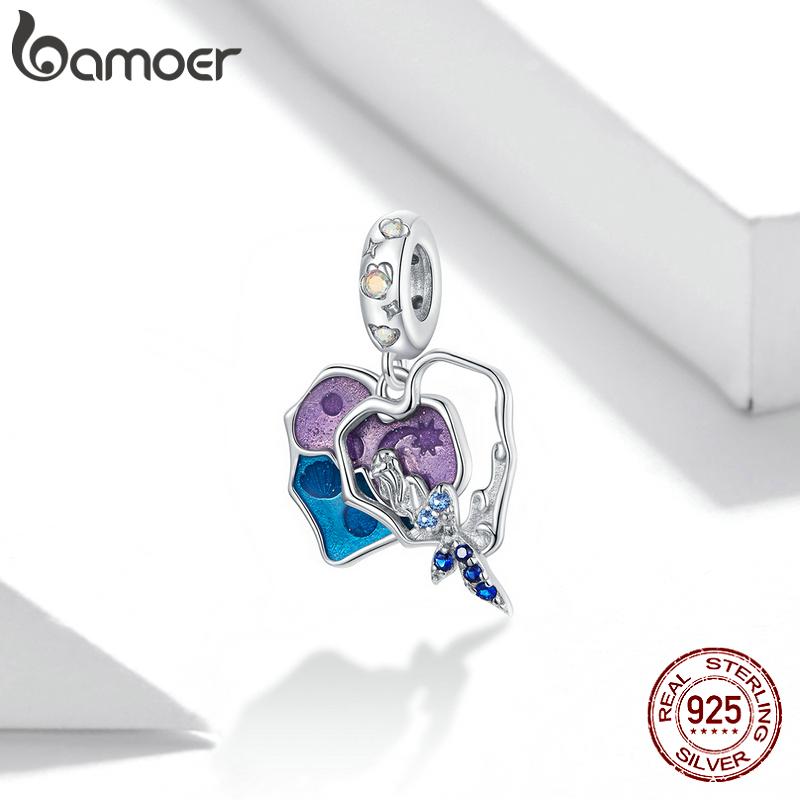 BAMOER стерлингового серебра 925 пробы, эмаль, морская жизнь, подвеска-подвеска в виде русалки, подходит для оригинального браслета 3 мм
