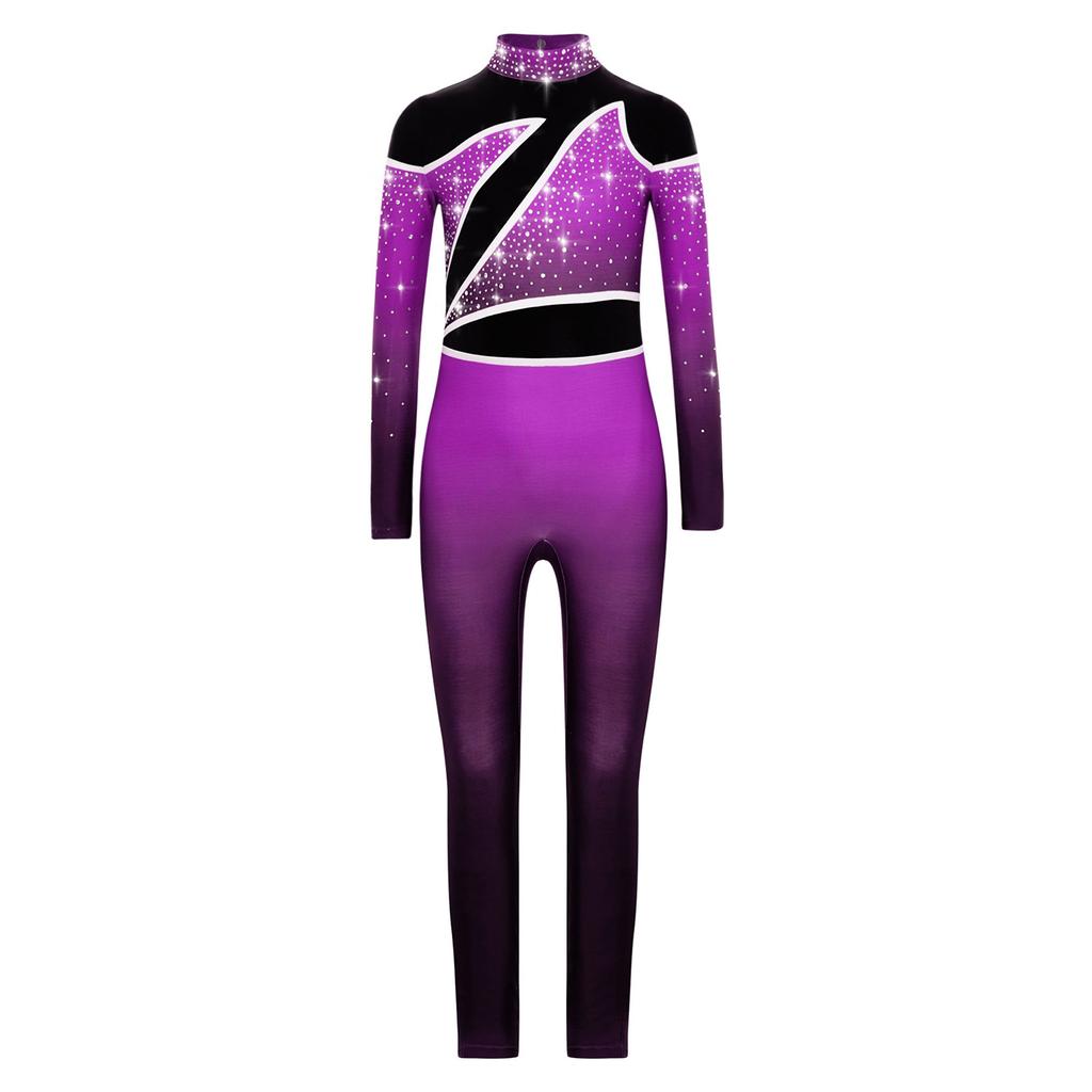 Комбинезон для девочек с цветными блоками, воротником-стойкой, длинными рукавами, вырезом-замочной скважиной на спине, со стразами, для танцевальных выступлений