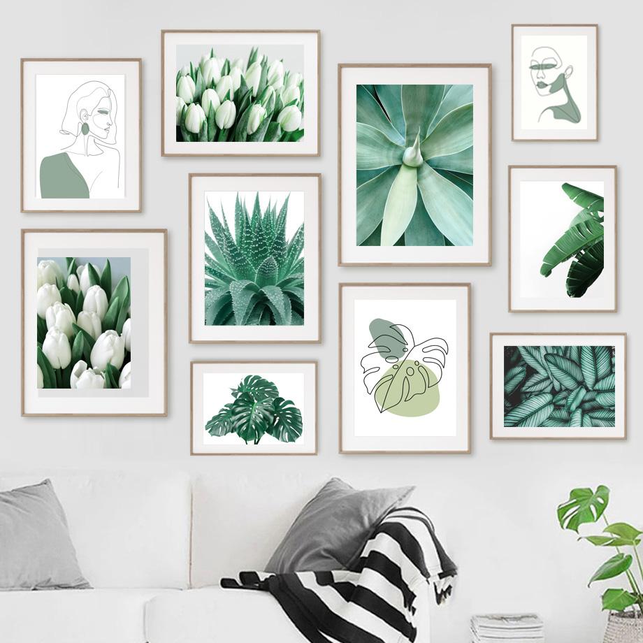 Банановый лист, Монстера, тюльпан, абстрактные девушки, линии, настенное искусство, холст, постеры, живопись и принты, настенные панно для декора гостиной