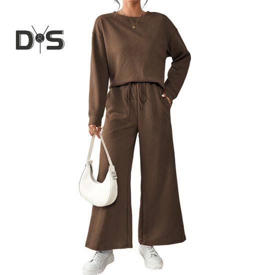 2 шт./комплект женский топ брюки костюм O-образный вырез длинные рукава однотонный спортивный свитшот завязывающийся на резинке талия широкие брюки фитнес-наряд осень весна