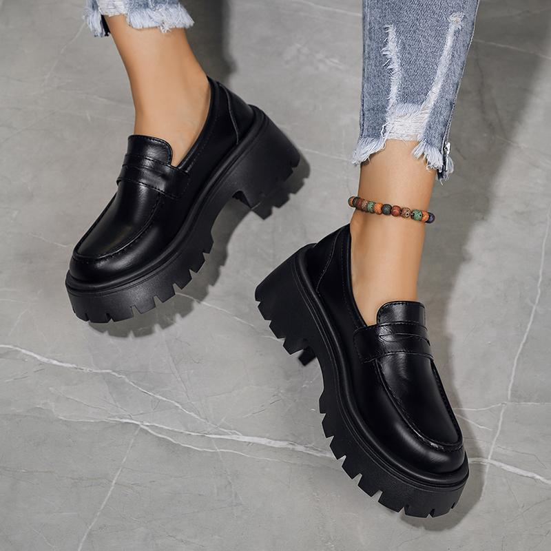 Черные офисные туфли из искусственной кожи, женские туфли-лодочки на толстой платформе с круглым носком, женские осенние туфли-лоферы на высоком каблуке
