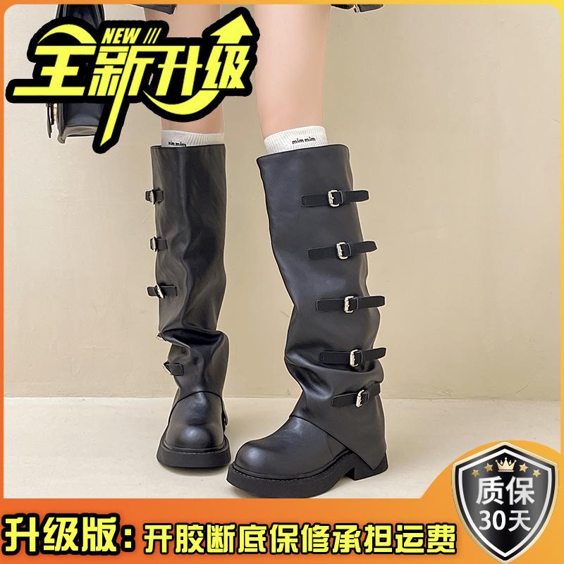 Винтажная пряжка ремня плиссированные кожаные ботинки осенняя мода универсальные ботинки на каблуке женская верхняя одежда ботинки рыцаря из ткани с пайетками ботинки-трубы