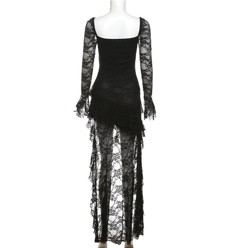 Платье-трапеция в стиле готики Dark Fairycore с кружевом, расклешенными рукавами и квадратным вырезом. Милые платья E-Girl с нестандартным длинным подолом. Вечеринка Cyber Y2K. Платье.