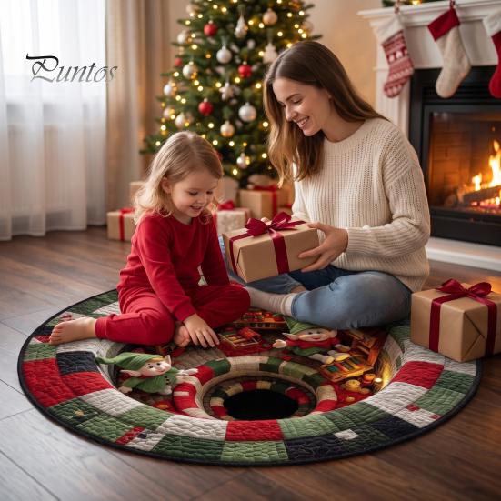 Festive Home Decor Christmas Santa Claus 3D Round Carpet, Crystal Velvet Floor Mat for Illusion Xmas Rug Living Room Bedroom Holiday Decoration,
