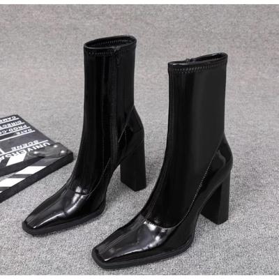 Мода Новый Стиль Роскошные Женские Сапоги Осень Женская Мода Квадратный Высокий Каблук Лакированная Кожа Обувь Ботильоны Черные Женские Молния