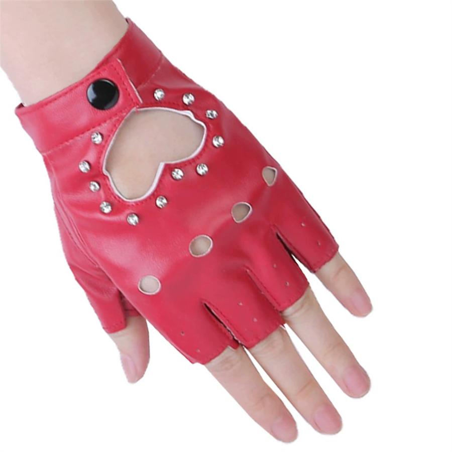 Women Heart Cutout Rhinestone Fingerless Gloves, Punk Faux Leather Half Finger Gloves for Dancing, Cosplay, Biking, Party, Performance