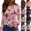 Women's Fashion Casual Slit Hem Round Neck Long Sleeve Loose Printed T-Shirt Top
