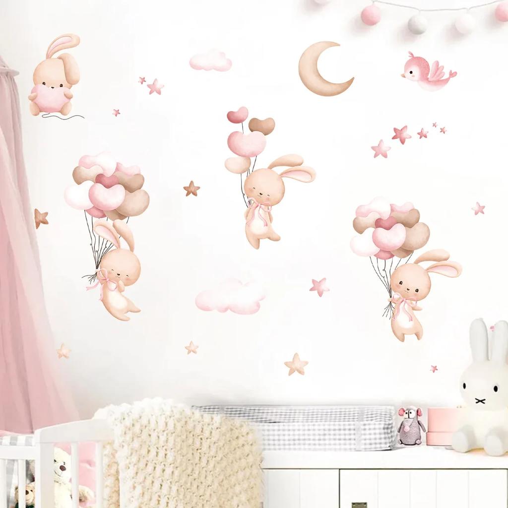 Pink Cartoon Bunny Moon Clouds Stars Watercolor Nursery Stickers Vinyl Children Wall Decals Art Print Kids Girls Room Home Decor