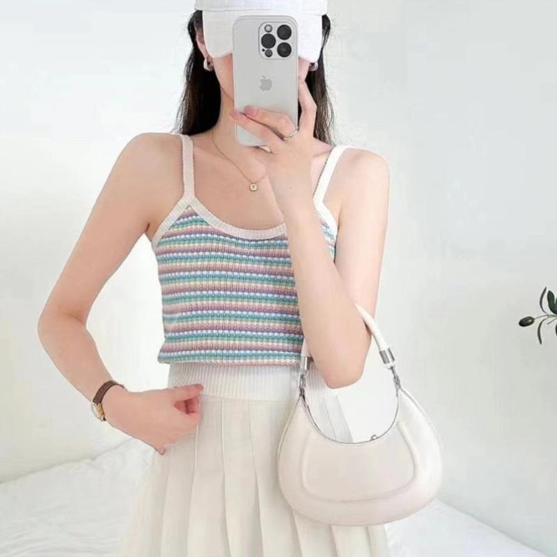 Летняя новинка корейская Первая любовь сладкий ветер цвет контрастные полосы тонкий трикотажный жилет халтер женская блузка