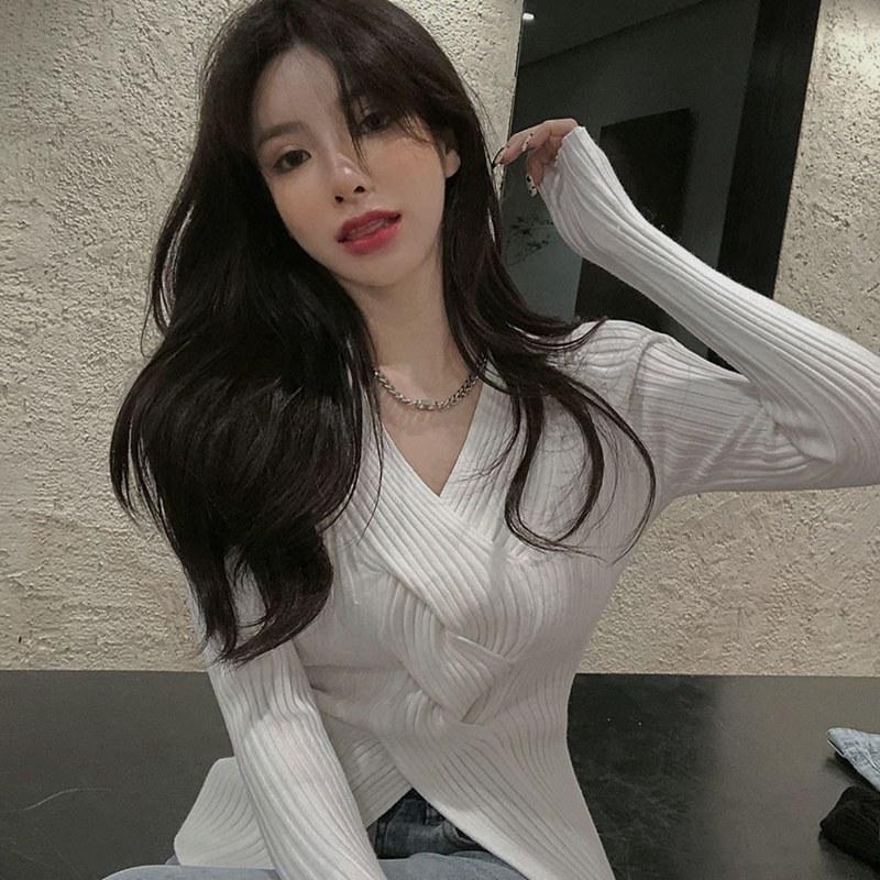 Женский вязаный нижний свитер Весна Осень V-образным вырезом сплошной цвет с длинным рукавом Дизайн Крест