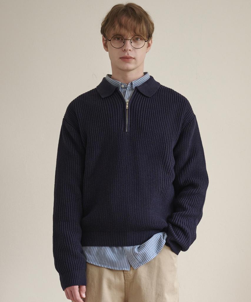 ESN Punched Collar Neck Half-Zip Knit Navy