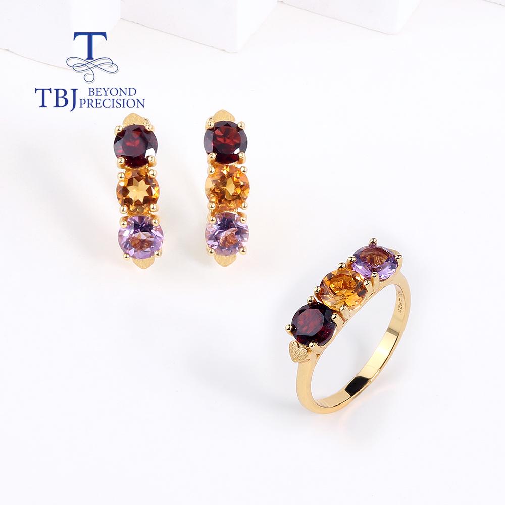 925 Sterling Silver Jewelry Set Natural Mix Gemstones Round 6mm Clasp Earrings Rings Classic Designs for Women Wife Nice Gift