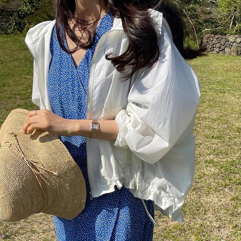 Летняя солнцезащитная укороченная куртка с капюшоном, женская 2023, повседневное пальто на молнии, легкая тонкая рубашка с длинными рукавами, женская свободная одежда 27234