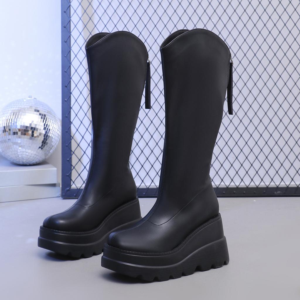 New V-port High Tube Wedge Heel Boots Women's High Boots Thick Sole 8cm~ 10cm Knight Boots
