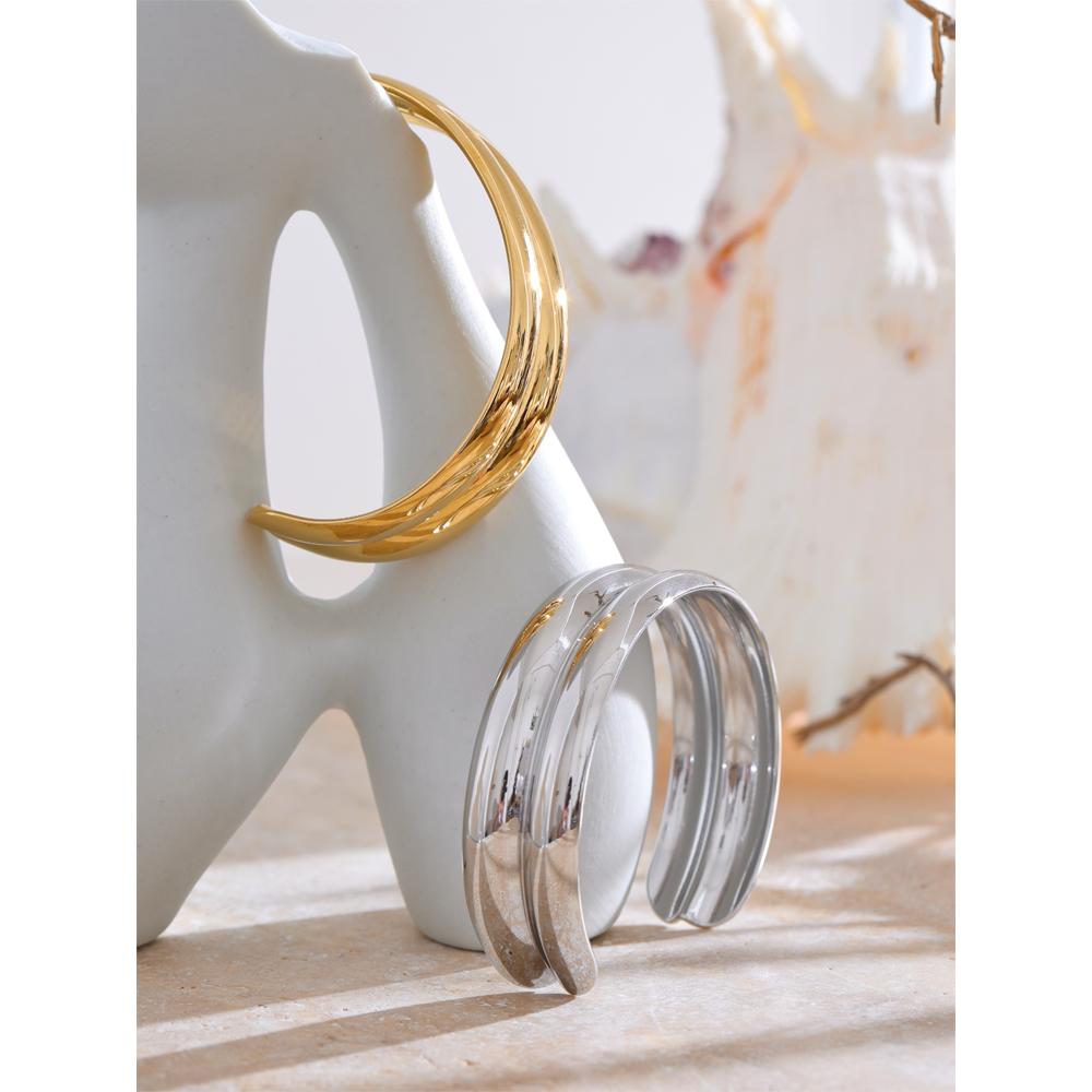 Yhpup 64mm 316L Stainless Steel Metal Double Layer Round Open Bracelet Bangle 18K PVD Plated Waterproof Jewelry Accessories Gift