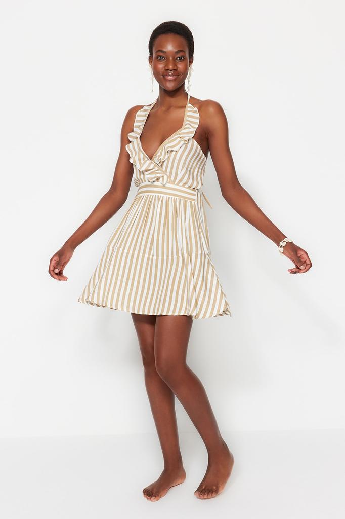 Women Fashion Beach Strap Sleeve Mini Black Mini Woven Cut Out Window Linen Blended Beach Dress