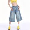 Women's Wide Leg Blue Retro Denim Shorts Capris Summer Female High Waist Loose Short Jeans