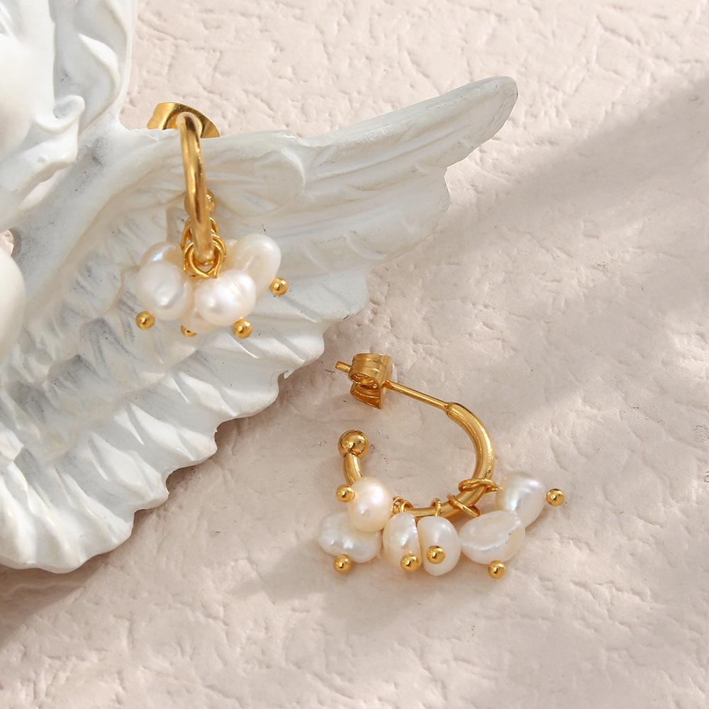 Stainless Steel Pearl Hoop Earrings for Women 18K Gold Color C-Shape Drop Earring Daily Vintage Elegant Zircon Accessories